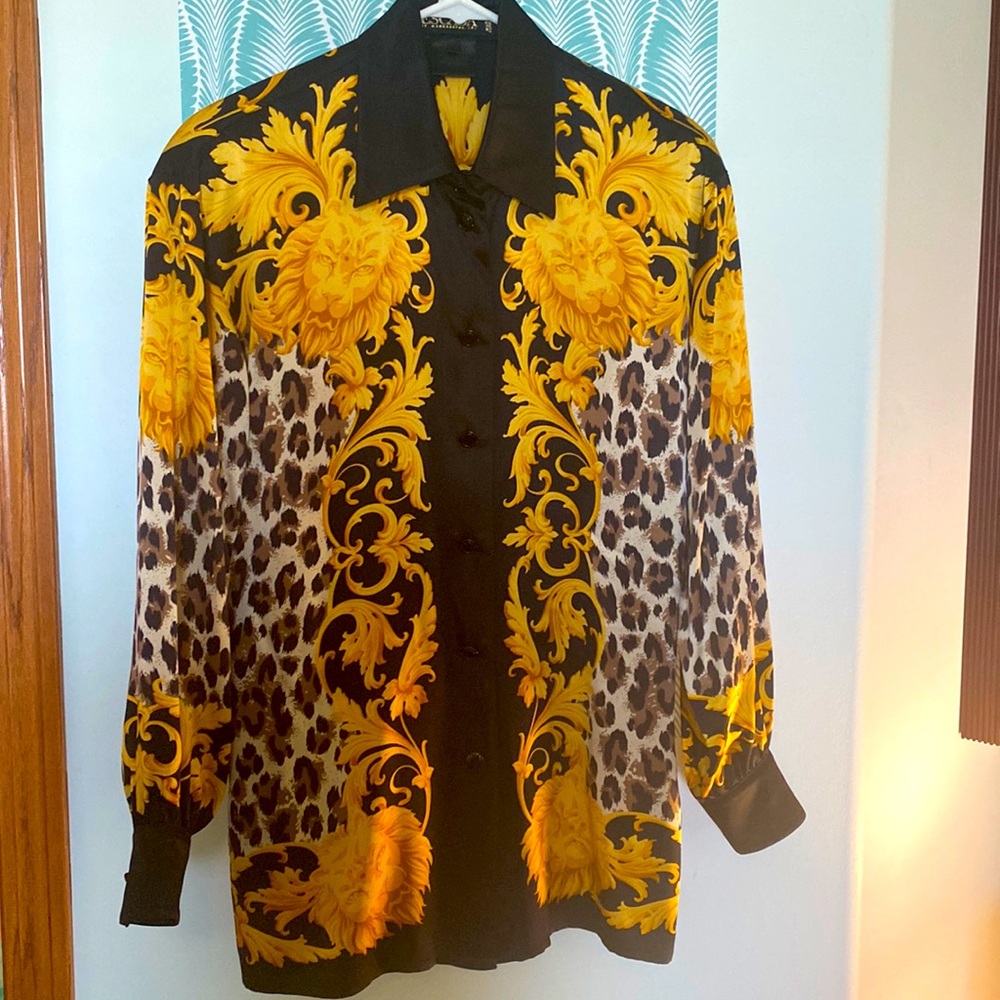 Escada lion and cheetah button down blouse